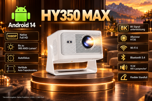 HY350 Max auf rundem Leuchtpodest mit Android 14 und Funktionsübersicht